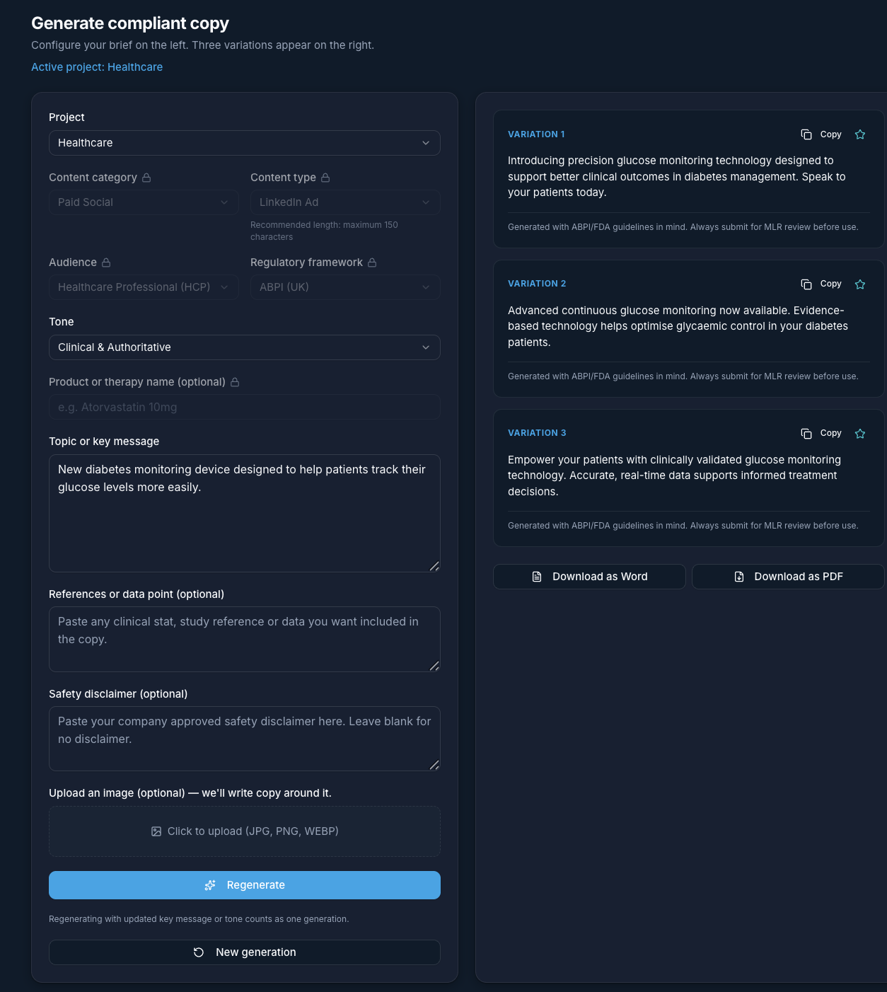 RegScribe generation workspace showing a brief configured with content type, audience and regulatory framework alongside three generated copy variations with copy and export options