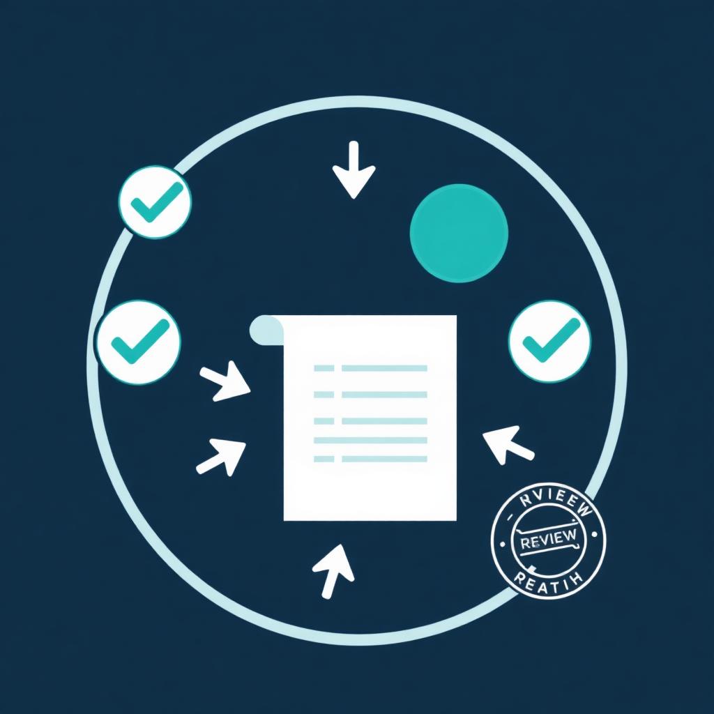 Illustration of a review approval workflow with documents passing through checkmarks and a stamp.