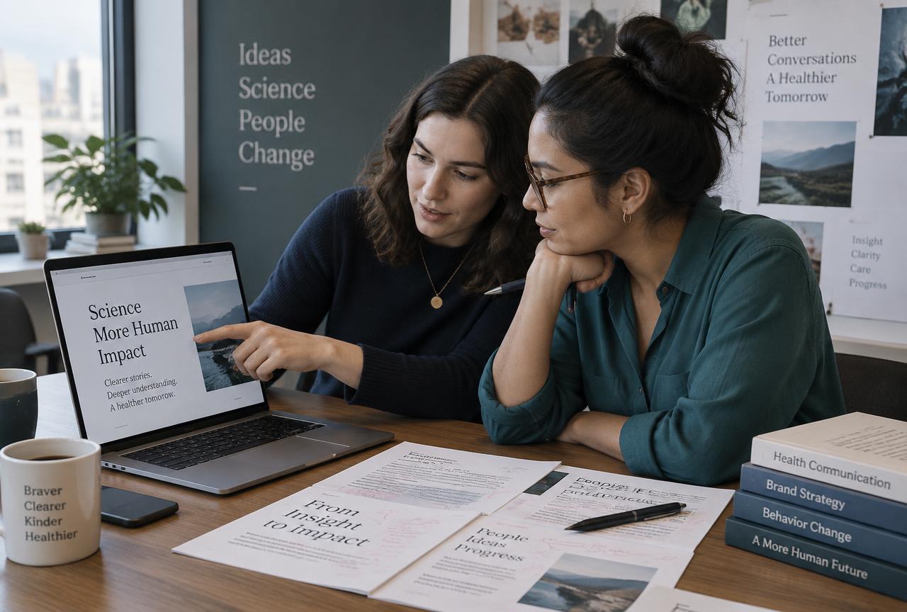 Medical communications professionals reviewing healthcare marketing copy together